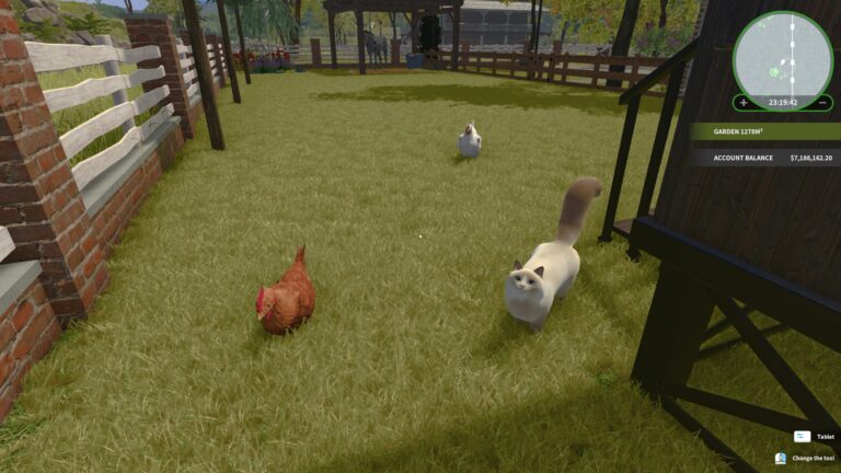 Chicken and cat, with horse in distance, House Flipper Farm DLC